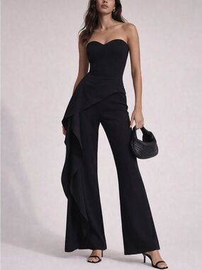 Cinq à Sept Ruffle Cascade Draped Flare Wide Leg Pants Black Size 0